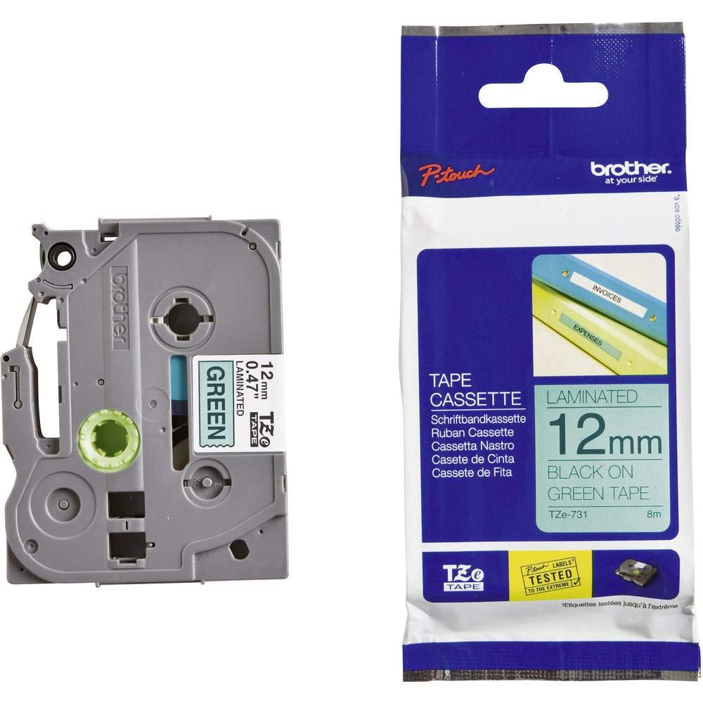 Brother TZe-731 Labelling Tape Cassette, Black on Green, 12 mm (W) x 8 m (L), Laminated, Brother Genuine Supplies — image 1