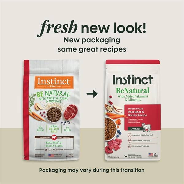 INSTINCT BE NATURAL, NATURAL DRY DOG FOOD, RAW COATED KIBBLE – REAL BEEF & BARLEY, 4.5 LB. BAG