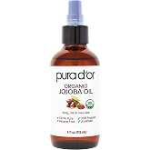 PURA D'OR ORGANIC Jojoba Oil Pure Cold-Pressed for Face Hair &amp; Body, 4oz | Moisturizes, Balances Oil Production, Soothes Scalp, USDA Certified, Nails &amp; Cuticles, Unrefined, Hexane-Free, Unscented
