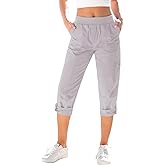 GRAPENT Capri Cargo Pants for Women High Waisted Pull On Elastic Waist Stretch Twill Fold Hem Capris Pants with Pockets