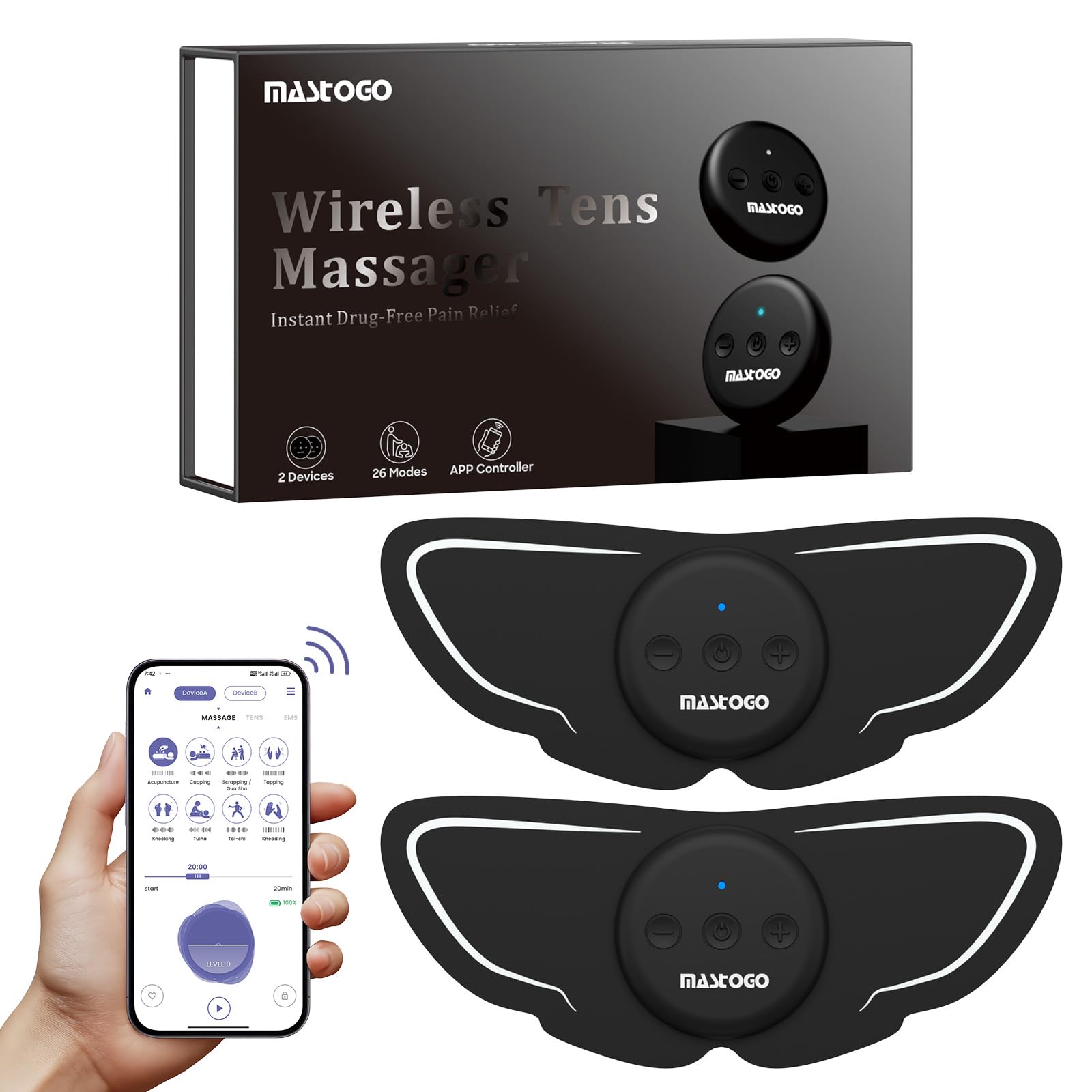Photo 1 of MASTOGO Wireless TENS Unit, Dual Host Muscle Stimulator with APP Control Up to 26 Modes, for Pain Relief, Portable and Rechargeable TENS Unit Muscle Stimulator
