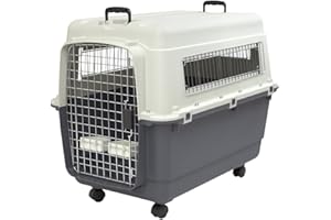SportPet Designs Plastic Kennels Rolling Plastic Airline Approved Wire Door Travel Dog Crate, X-Large, Gray