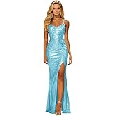 Zymhae Long Sparkly Sequin V Neck Prom Dresses with Slit Mermaid Formal Evening Party Gown 2026