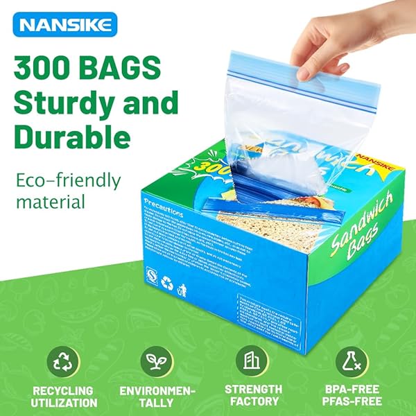 NANSIKE SANDWICH BAGS AND SNACK PACKS, ZIP SEAL FOOD STORAGE BAGS, EASY OPENING, MADE WITHOUT PFAS AND BPA EASY TO FILL FOR LUNCH SUITABLE FOR HOME AND TRAVELLING 300 BAGS