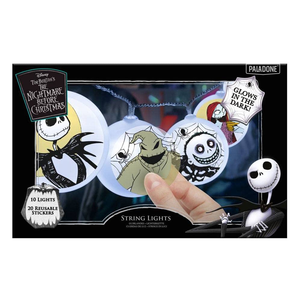 Paladone Nightmare Before Christmas String Lights - Officially Licensed Disney Fairy Lights with Glow in The Dark Jack Skellington Stickers, Spooky Bedroom Decor
