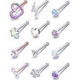 Prjndjw 20G 18G hypoallergenic Nose Rings Studs for Women Men Nose Ring Stud Piercing Jewelry Surgical Steel Opal CZ Corkscrew Straight & L shaped Nose piercing aretes para la nariz