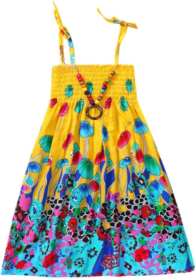 ZEFOTIM Girls Bohemian Dresses Floral Sleeveless Rainbow Beach Sundress with Necklace 18-24M 2-8Y