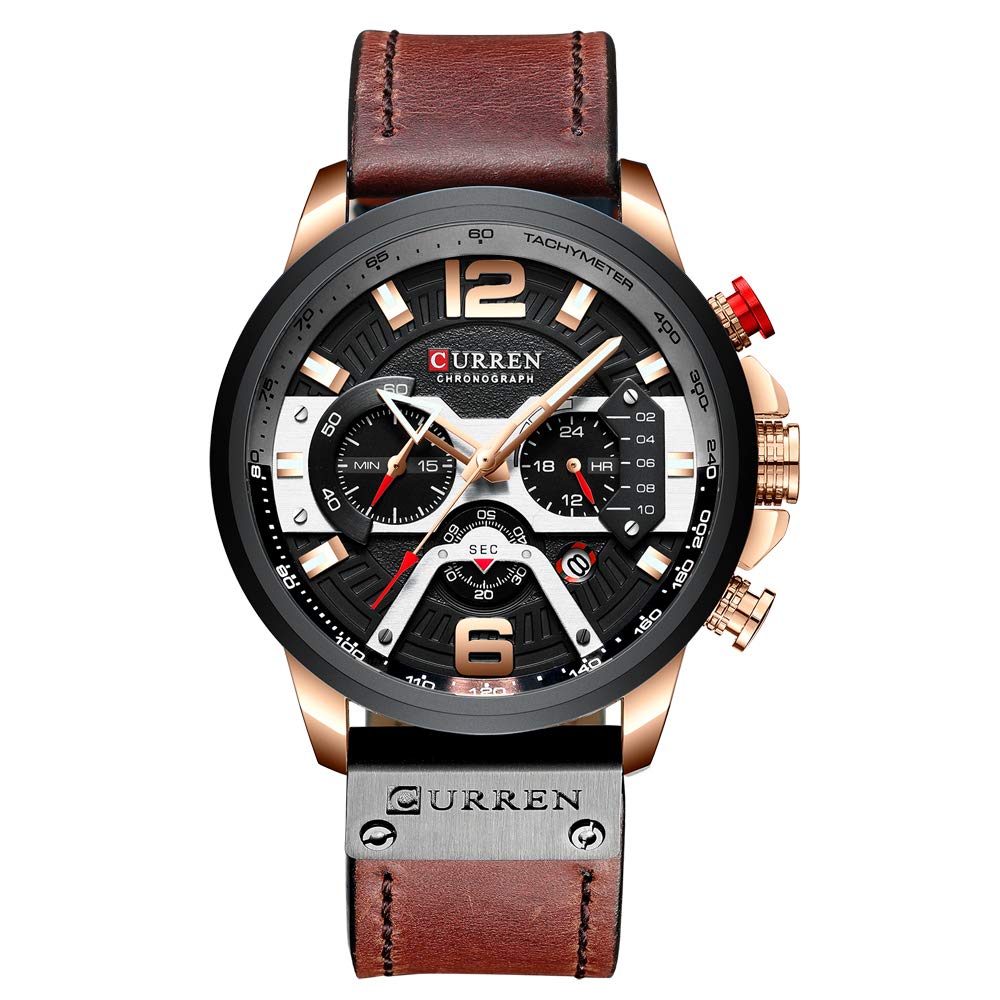 CURREN Mens Watches, Watches Quartz Analog Calendar Wrist Watch for Men, Fashion Waterproof Watch with Leather Strap, Brown, Chronograph,Quartz Movement