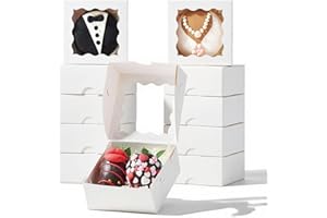 RomanticBaking 3 ¼" x 3 ¼" x 1 ½" 50PCS Chocolate Truffle Boxes for 4，Cookies Boxes Mini Bakery Boxes with Window for Brownie,Soap,Donut