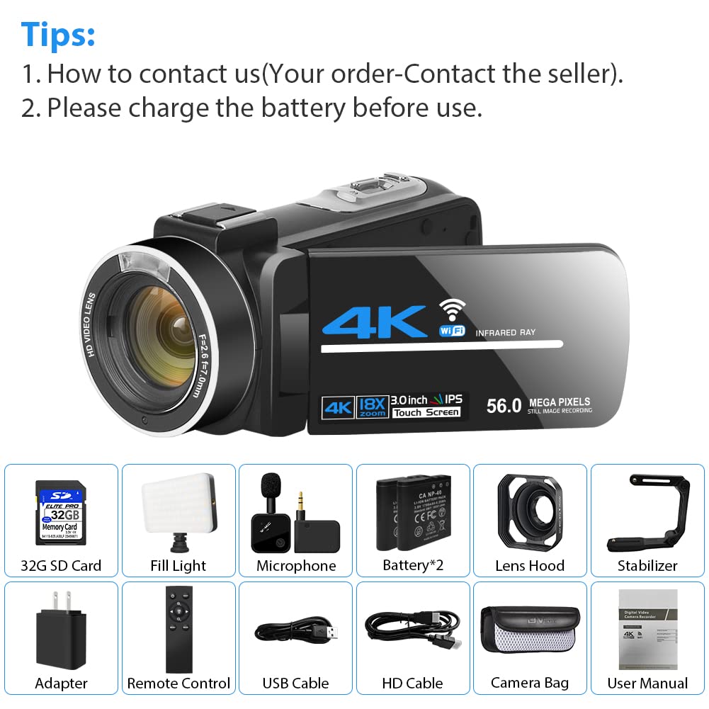 KOMERY Video Camera 4K Camcorder 56MP Video Camera for YouTube with Wireless Lavalier Mic Upgraded Fill Light Video Camera Camcorder with 2.4G Remote IR Night Vision, 18X Digital Zoom