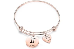 bobauna Rose Gold 12 Zodiac Signs Stainless Steel Expandable Wire Bangle Bracelet Birthday Gift for Her