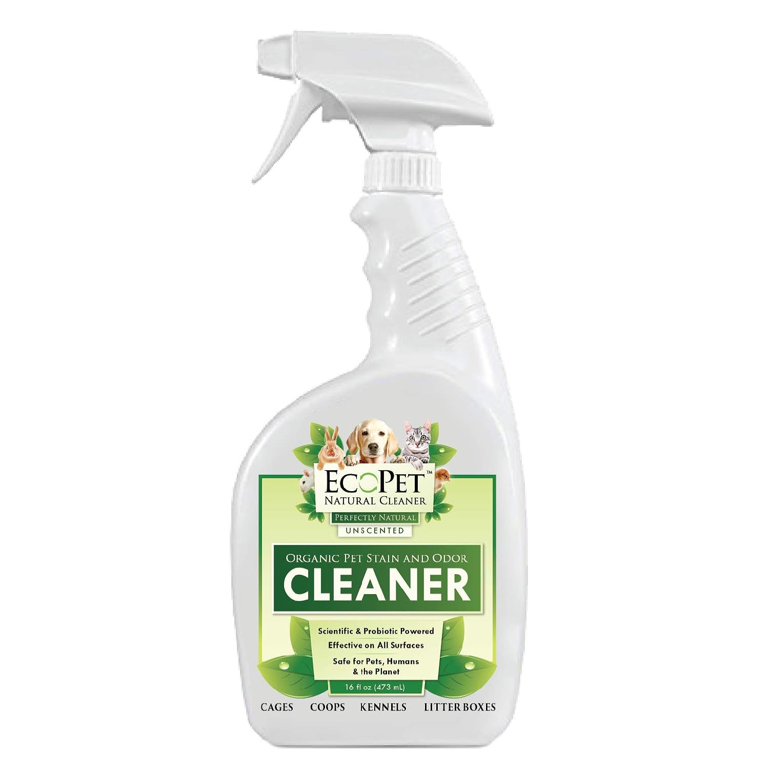 EcoPet Natural Cleaner and Dog Urine Odor Eliminator - Probiotic Powered Multi Surface Pet Odor and Stain Remover - Non-Toxic Dog Carpet Cleaner and Pet Stain Eraser, Unscented, Trigger Spray, 16oz