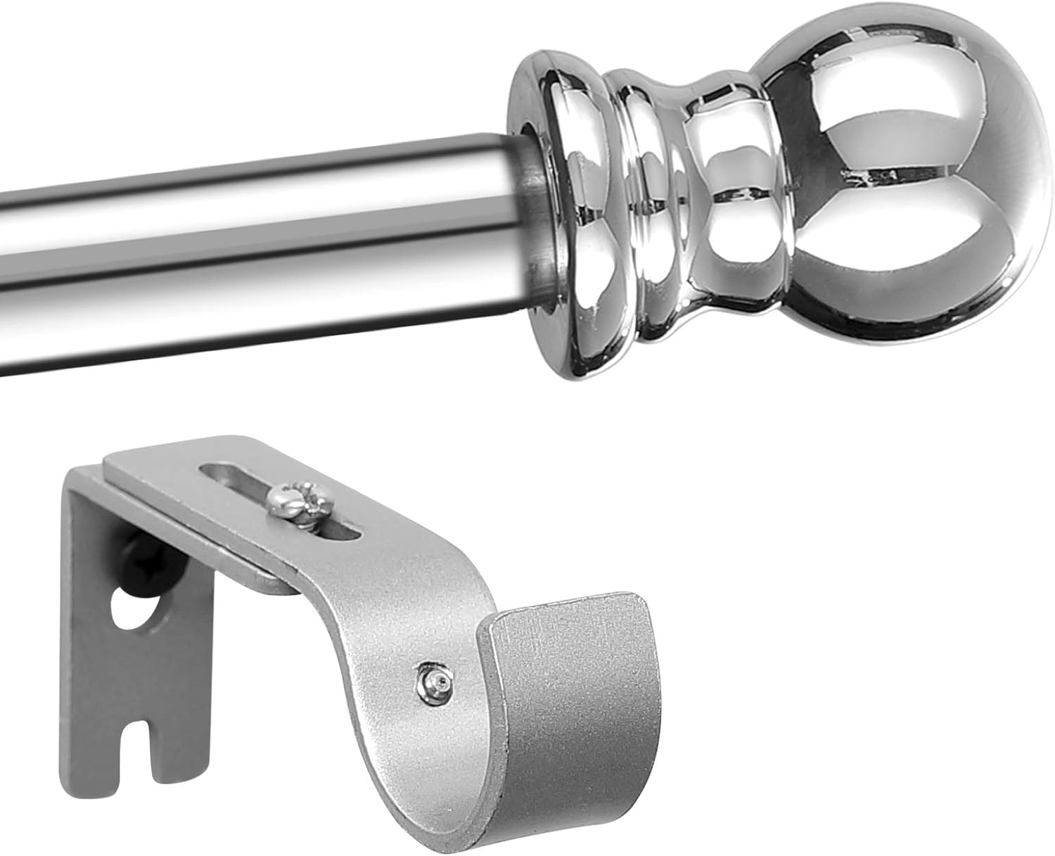 Wefaith Single Curtain Rods - 1’’Diameter Curtain Pole for Windows 30-87’’Heavy-Duty Adjustable Window Rod with Brackets and Classic Round Finials for Bedroom Kitchen Silver: Home & Kitchen