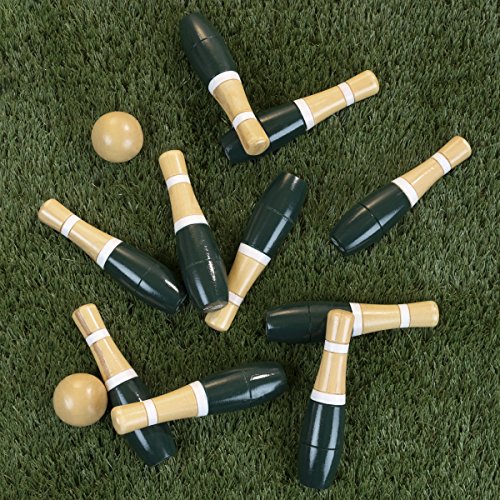 Hey!Play! Lawn Bowling Game/Skittle Ball- Indoor/Outdoor Fun for Kids, Adults -10 Wooden Pins, 2 Balls, and Mesh Bag Set, 8 Inch, Green/White - Thumbnail 4