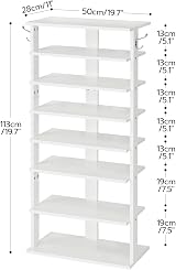 HOOBRO Narrow Shoe Rack Wooden 8-Tier with 2 Hooks White view 5