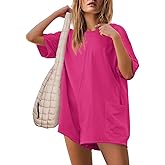 Yanekop Summer Rompers for Women 2025 Oversized Short Rompers Athletic Workout Romper Short Sleeve Jumpsuit with Pockets