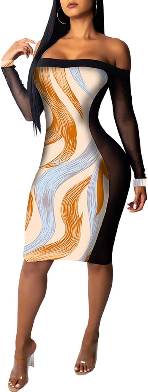 Sherro Off Shoulder Midi Dresses - Sheer Mesh Long Sleeve Bodycon Dress Cocktail