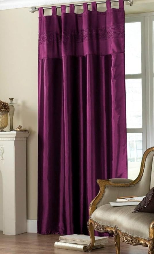Sequin Embroidered Taffeta Tab Top Faux Silk Curtain Panel 90