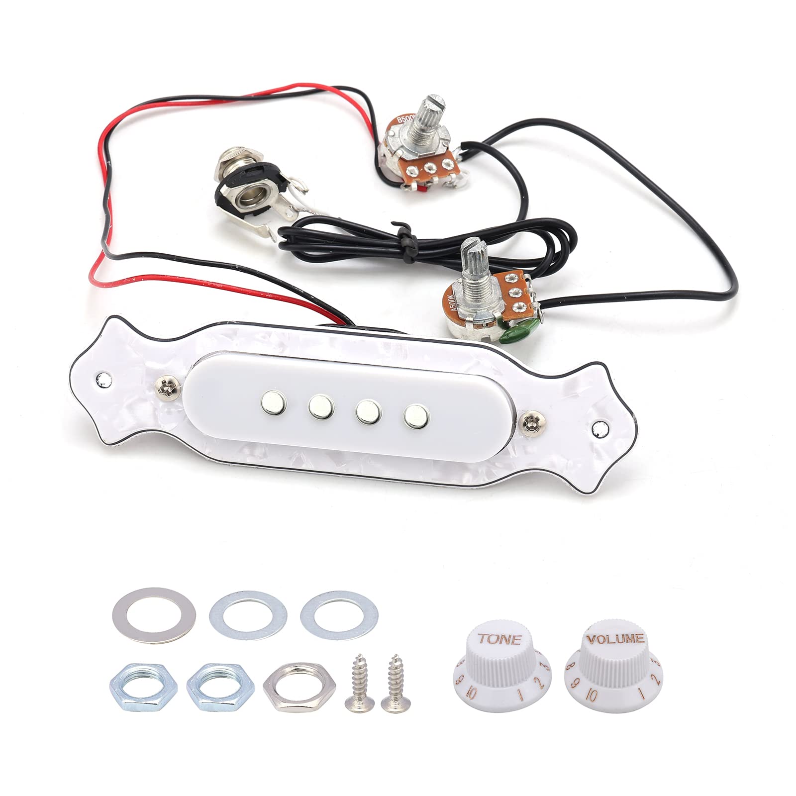 Pxyelec Prewired 4 String Guitar Single Coil Soundhole Pickup Wiring Harness for Cigar Box Guitar, with Volume Tone Pots and Knobs