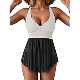 Aidonger Women's One Piece Swim Dress Swimsuit Tummy Control Mesh Swimdress V Neck Bathing Suit Skirt Tie Back Swimwear