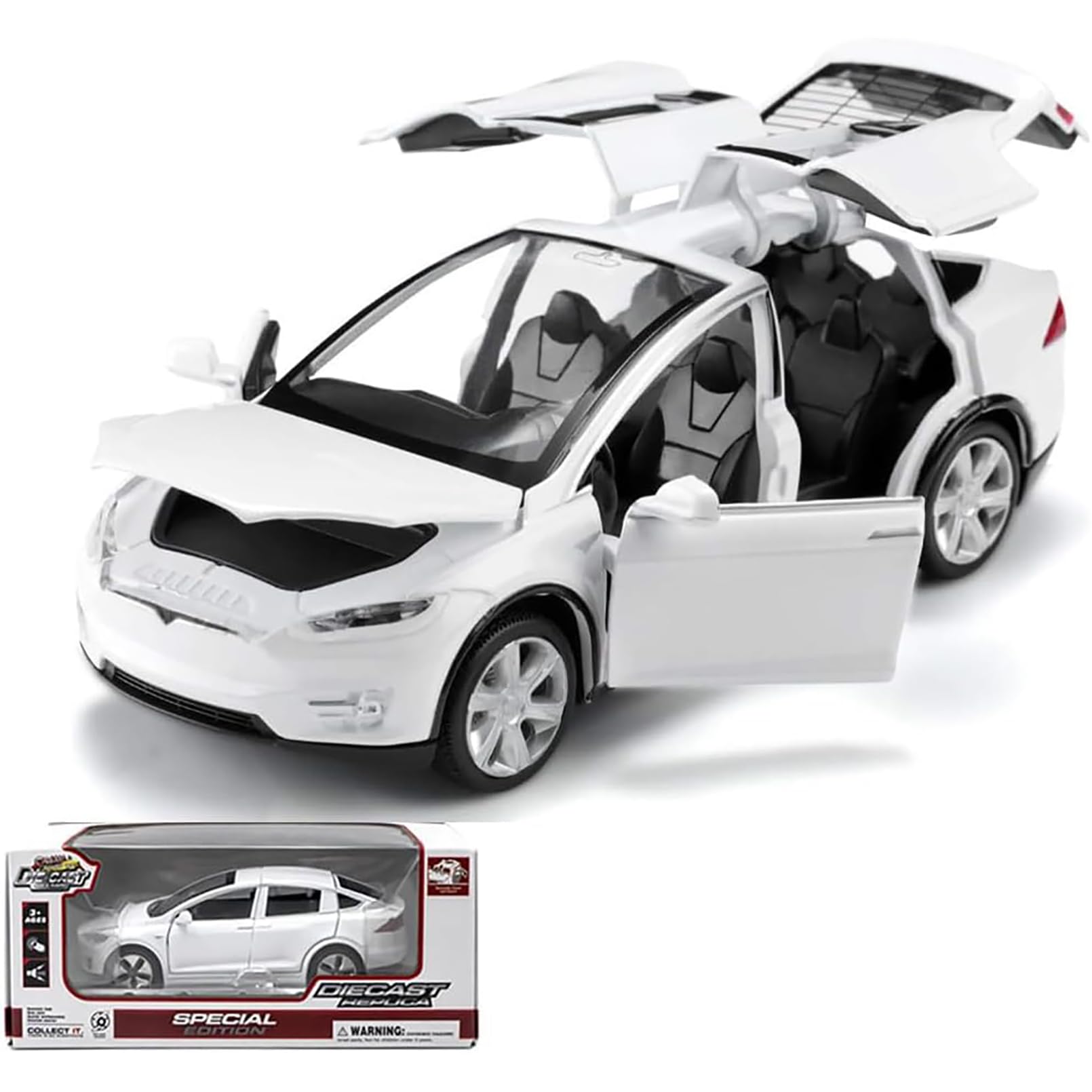 TOPRON model car Tesla Model X 1:32 scale, die-cast alloy electronic toy with pull-back function, with lights and music, mini vehicle toy as a gift for children (White)