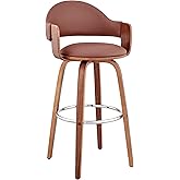 Armen Living Daxton Mid Century Modern Swivel Bar Stool for Kitchen Island Counter in Brown Faux Leather and Walnut Wood, 26"