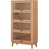 AnywaysWood 4-Layer Natural Wood Finish Solid Wood Bookcase 4-tire with Tempered Glass Flip-Up Doors,60Hx13.7Dx32W Bookshelves Finish Cube Storage Organizer