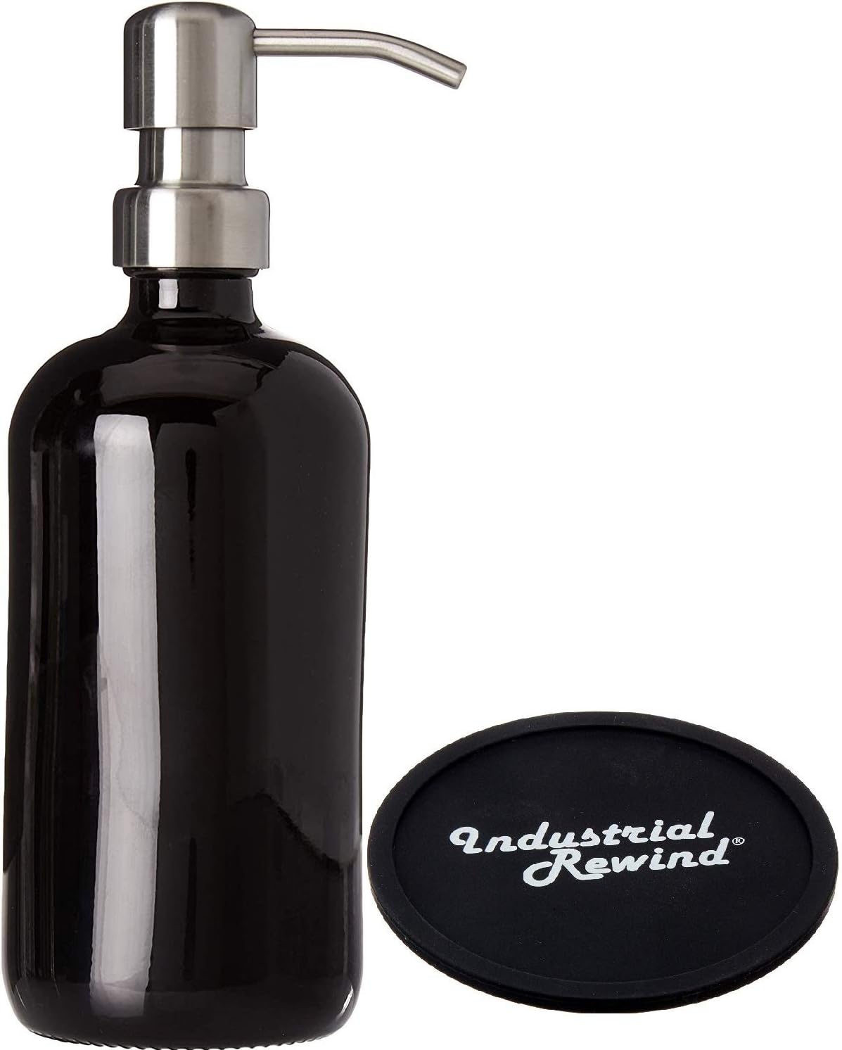 Black Glass Soap Dispenser with Metal Pump with Non Slip Coaster / Countertop Protector - 16oz Glass Jar for Liquid Soap, Lotion or Shampoo by Industrial Rewind (Stainless Pump)