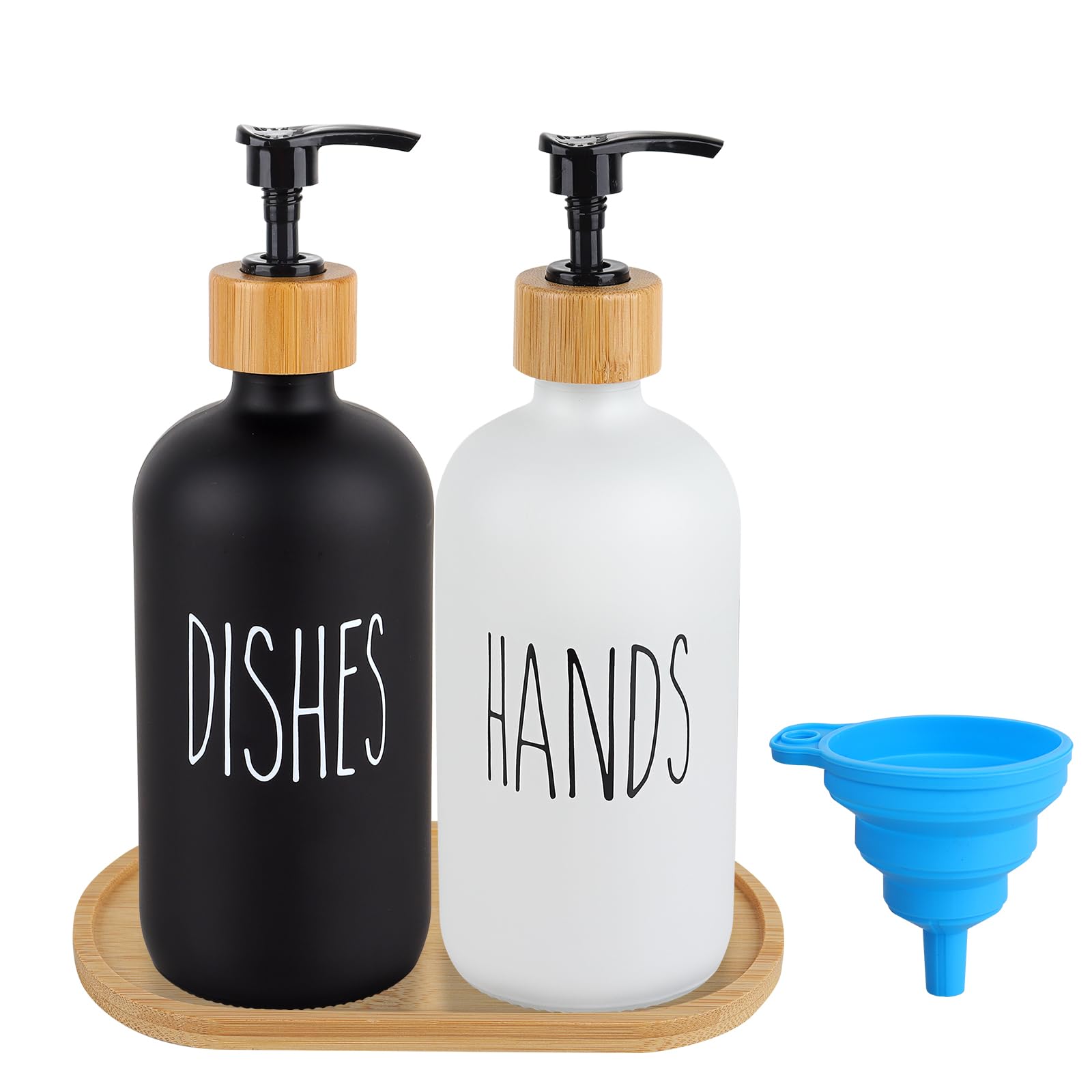 Hand and Dish Soap Dispenser Set 2Pcs Glass Liquid Soap Dispenser Bottles with Pump for Bathroom, Kitchen Sink, 16 oz (Black&White)