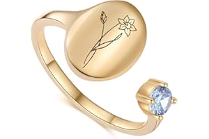 SLOONG Handmade Birth Month Flower Signet Ring 14K Gold Plated Ring Birth Stone Ring Birthday Valentine's Christmas Gift for Mom Daughter Girlfriend Wife