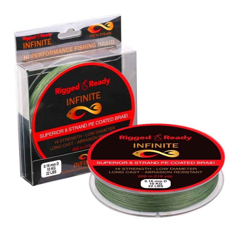 Rigged and Ready Infinite Hi-performance Fishing Braid-22lb 10kg PE Coated Line-200m. Braided 8 Strand Low Diameter No Stretch Long Cast Abrasion Resistant Fast Sink. River Lake Sea Fishing