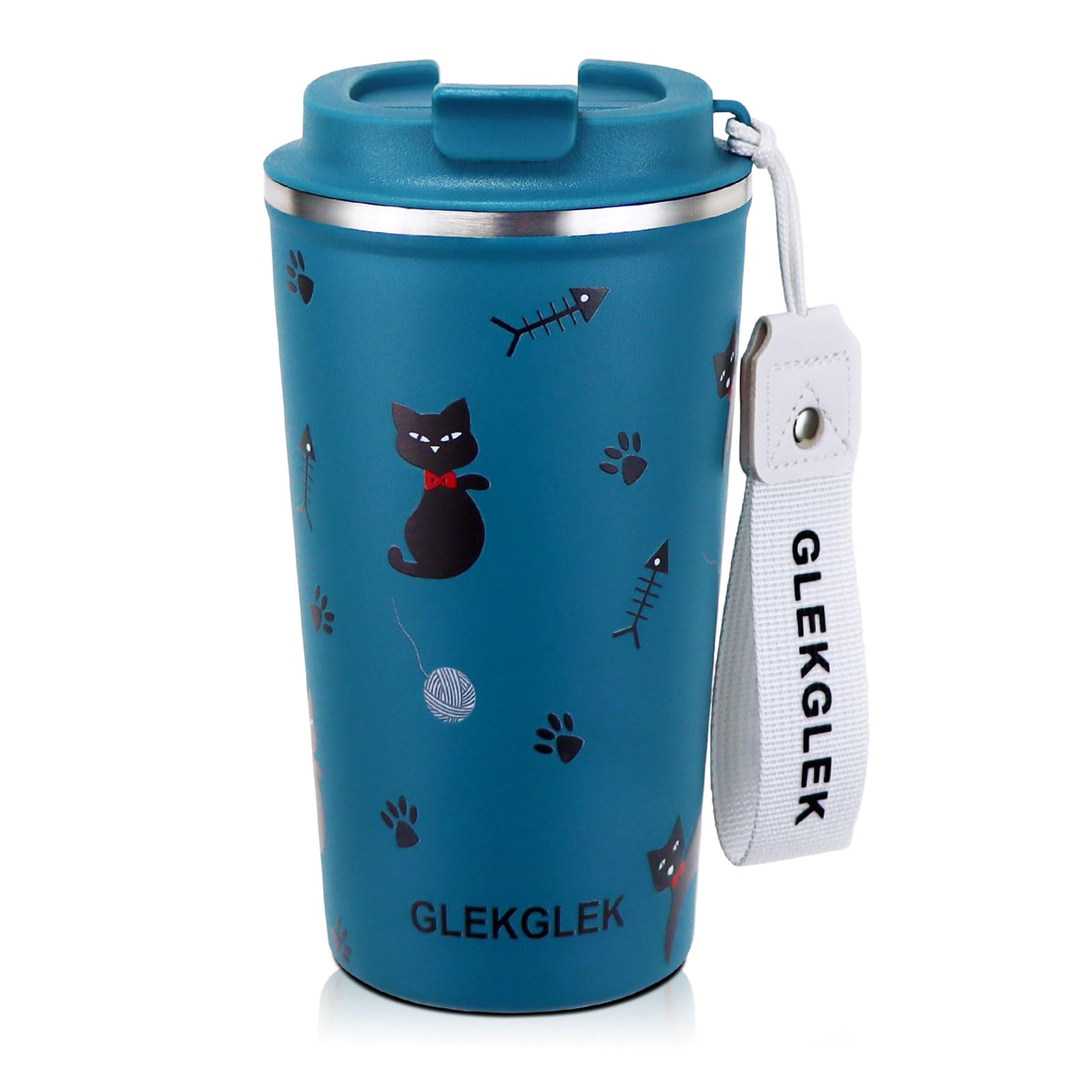 GLEKGLEK Insulated Cat Travel Mug Patterned for Ice Drinking, Hot Drinks Coffee Cup 500ml for Boy Girl Gift