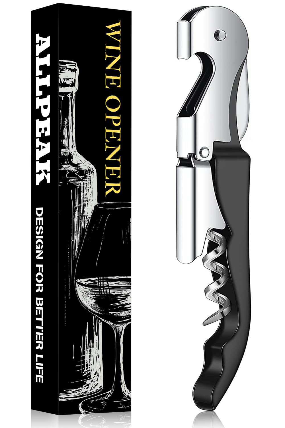 Allpeak Bottle Opener Wine Opener Corkscrew - 1 Pc Multi-Purpose Stainless Steel Double Hinged Wine Key with Foil Cutter and Cap Remover, Waiters Friend, Beer Bottle, Cork Screw - Black