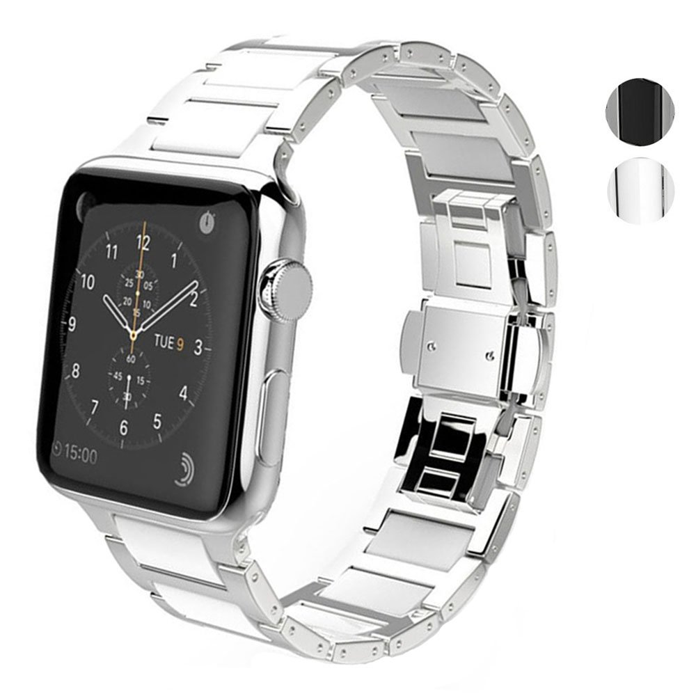DEALELE Strap Compatible with iWatch 38mm 40mm 41mm, Stainless Steel Ceramics Replacement Bands for Apple Watch Series 9/8 / 7 / SE / 6/5 / 4/3 Women Men, Silver/white