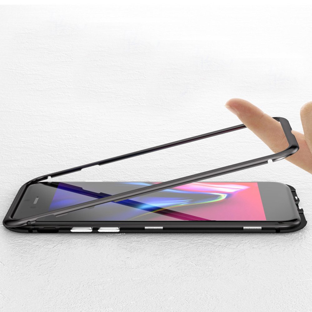 iPhone 7/8 Case - MFEEL Ultra Slim Magnetic Adsorption Metal Frame Scratch-Resistant Tempered Glass Back Support Wireless Charging with Built-in Magnet Flip Cover for Apple iPhone 7/8