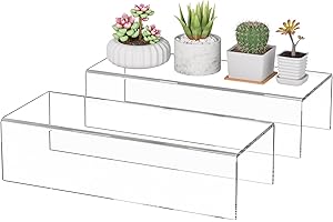 Sezanrpt Acrylic Shelf Riser 12x4.7x3 pack of 2, Desktop Rectangular Acrylic Tray Pedestal Stand for Funko Pop Figure, Bags, 