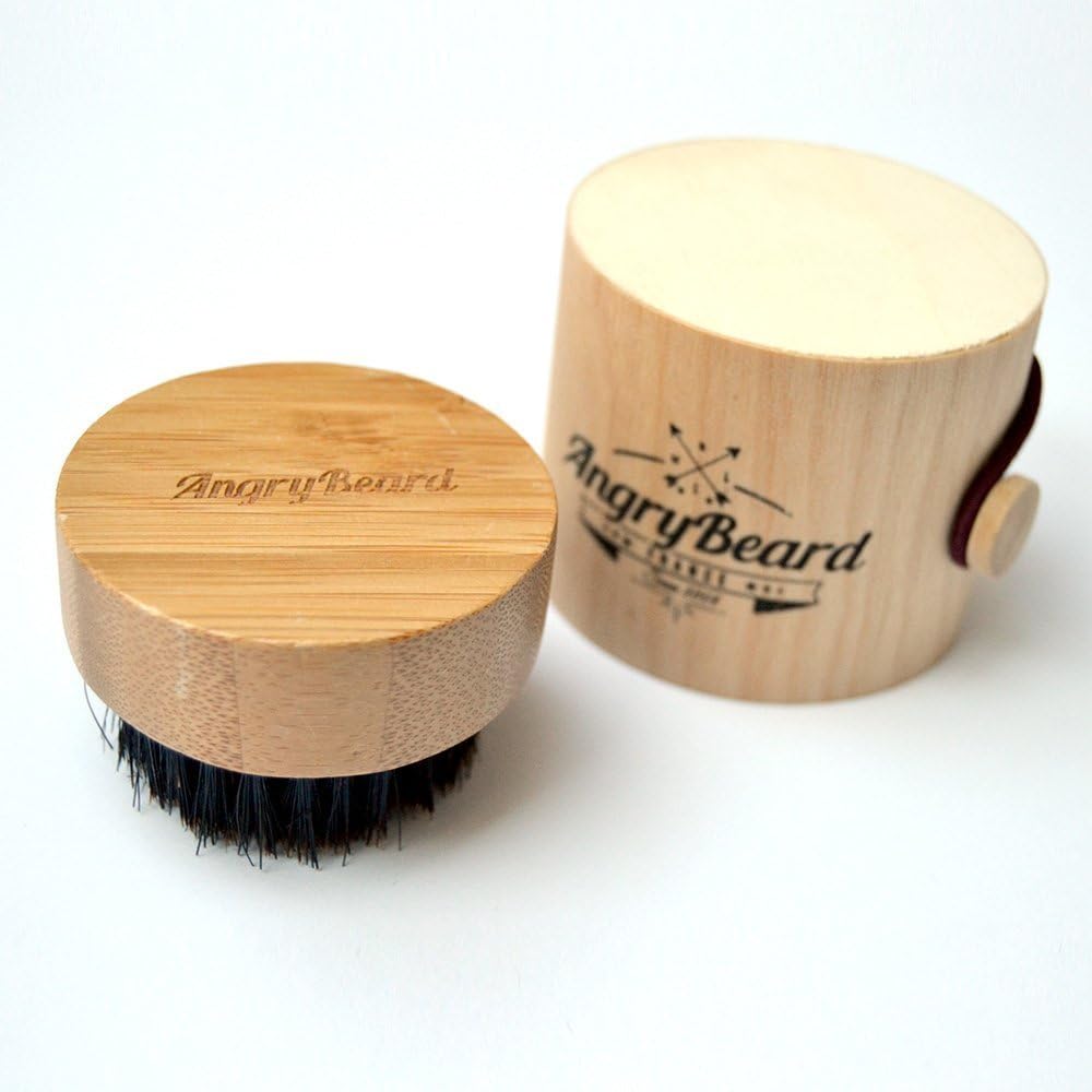 Mens Beard Brush Round Beard Brush Angrybeard Small Wooden Wild Boar Bristle Beard Brush with Wooden beard Box - Beard grooming brush for Styling, Softening and Conditioning