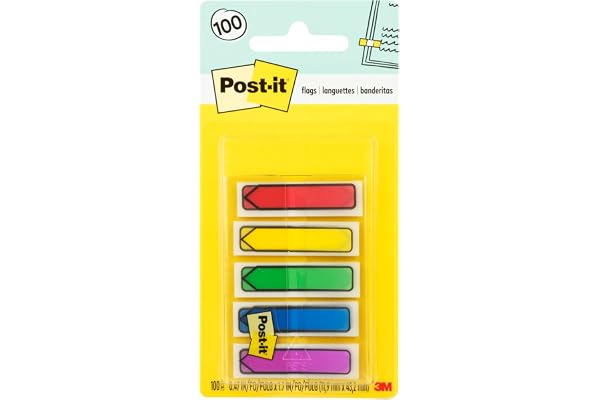 Post-It Flags, .5" X 1.7", 100 Flags with Dispenser, Red, Blue, Green, Yellow, Purple