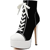Feinlina Women's Ankle Stiletto High Heel Platform Boots Fashion Canvas Lace-up Round Toe Dancing Booties
