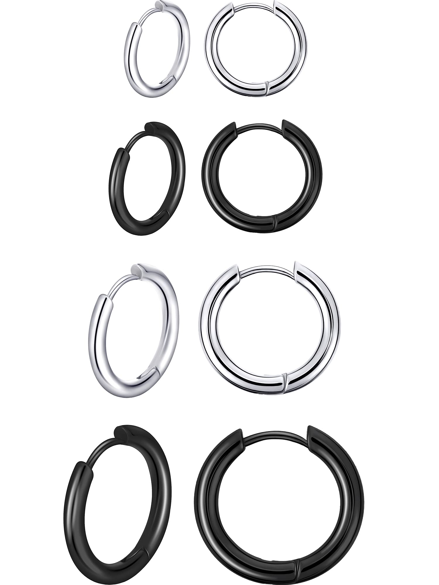 4 Pairs Stainless Steel Hoop Earrings Nose Lip Rings Small Cartilage Hoop Earrings for Men and Women Accessory Favors, 8 mm, 10 mm, 12 mm, 14 mm (Steel Color, Black)