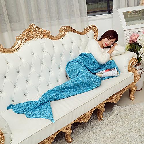Fans Mermaid Tail Blanket Crochet and Mermaid Blanket for adult, Super Soft All Seasons Sleeping Blankets ( 71 inch x35.5 inch, Blue)