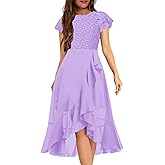 HOSIKA Girls Vintage Lace Chiffon Ruffle Sleeve A-Line Wedding Party Junior Bridesmaid Dress for Kids 6-12 Years