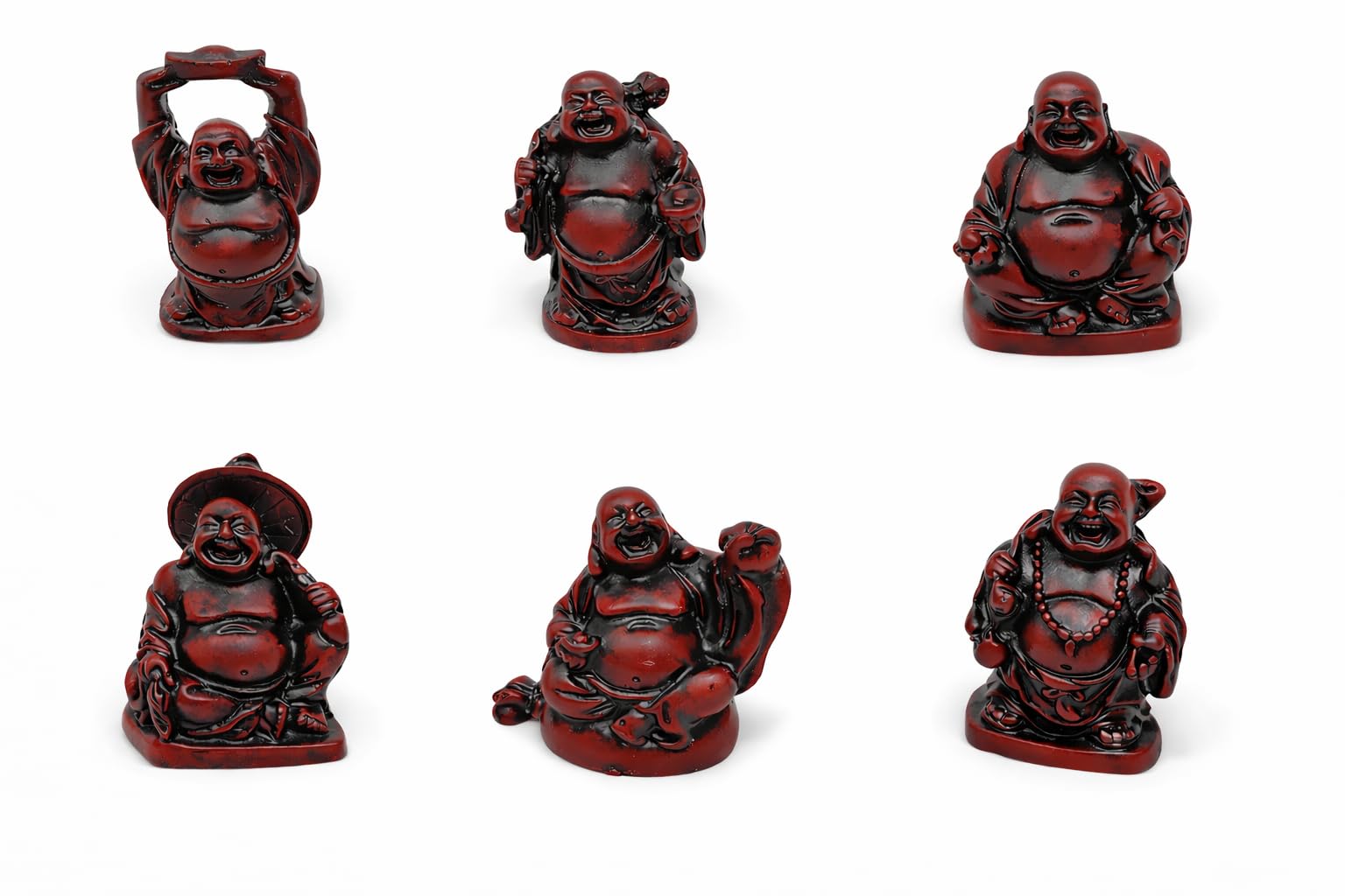 JRose Collections Laughing Buddha Figurines Set of 6 Red Resin Mini Statues 5cm Feng Shui Buddha Ornament Lucky Buddha Decoration for Home Office Shelf Desk Meditation Space (JR-1069)