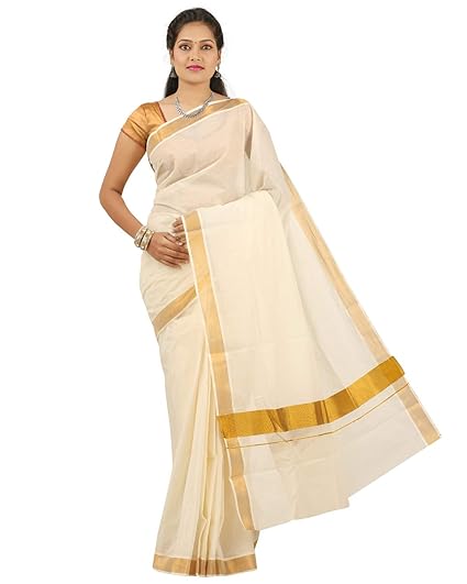 Women's Cotton Saree With Blouse Piece (ONAM_SAREE_2_C_Gold)