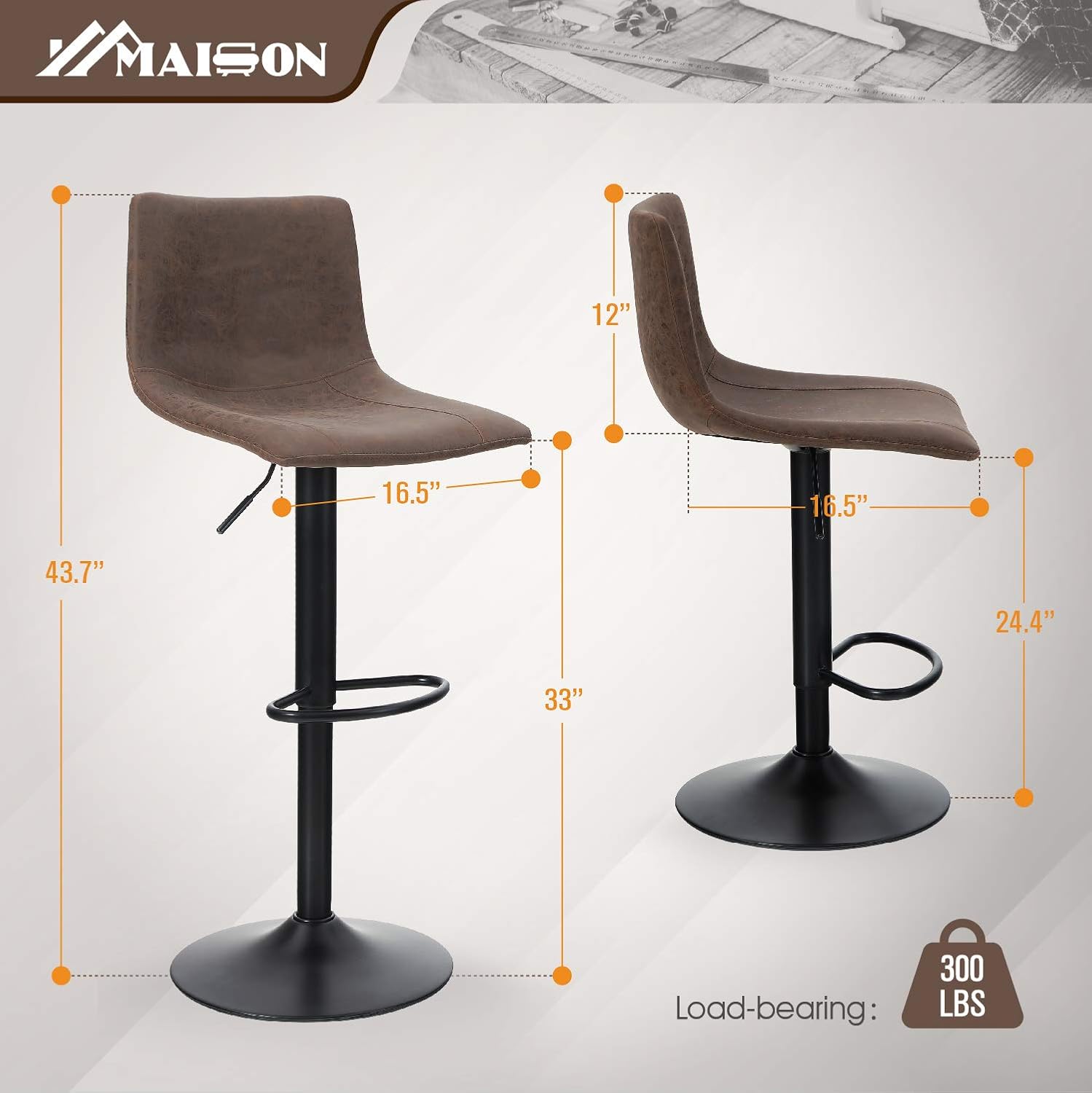Maison Swivel Bar Stools Set of 2 for Kitchen Counter Adjustable Counter Height Bar Chairs with Back Tall Barstools Faux Leather Kitchen Island Stools, 300LBS Bear Capacity, Brown: Kitchen & Dining
