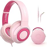 TONOSHARK Kids Wired Headphones with Microphone, Volume Limited to 85/94dB, Foldable 3.5mm Jack Headset for Girls, Pink Over-Ear Headphones for School, Study & Travel, Includes Carry Case(Pink)