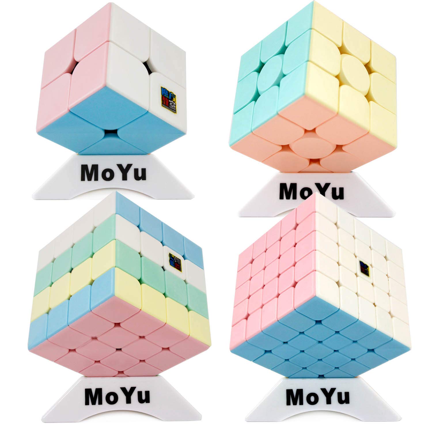 OJIN MoYu MoFang JiaoShi Meilong Series Cube MFJS Meilong Cube Bright Pink Stickerless Bundle 2x2 3x3 4x4 5x5 Cube Forsted Surface Puzzles Cube Set With Four Cube Tripods