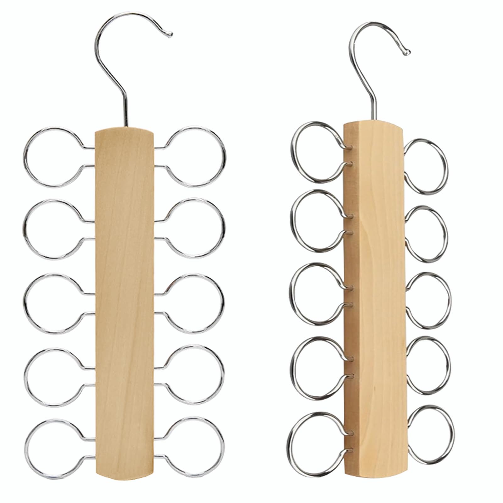LMSAWK 2 PCS carf Hanger Wooden, Scarf Holder for Closet Organizer and Storage, Tie Hanger Scarf Rack, Space Saving Hangers with 10 Loops for All Scarves, Ties, Belts (Wood Color)