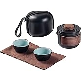 Mini Travel Ceramic Tea Pot Set Chinese Kung Fu Teapot, 1 Pot 2 Cups Porcelain Teacups with Tea Infuser Portable Bag for Outdoor Picnic (Black)