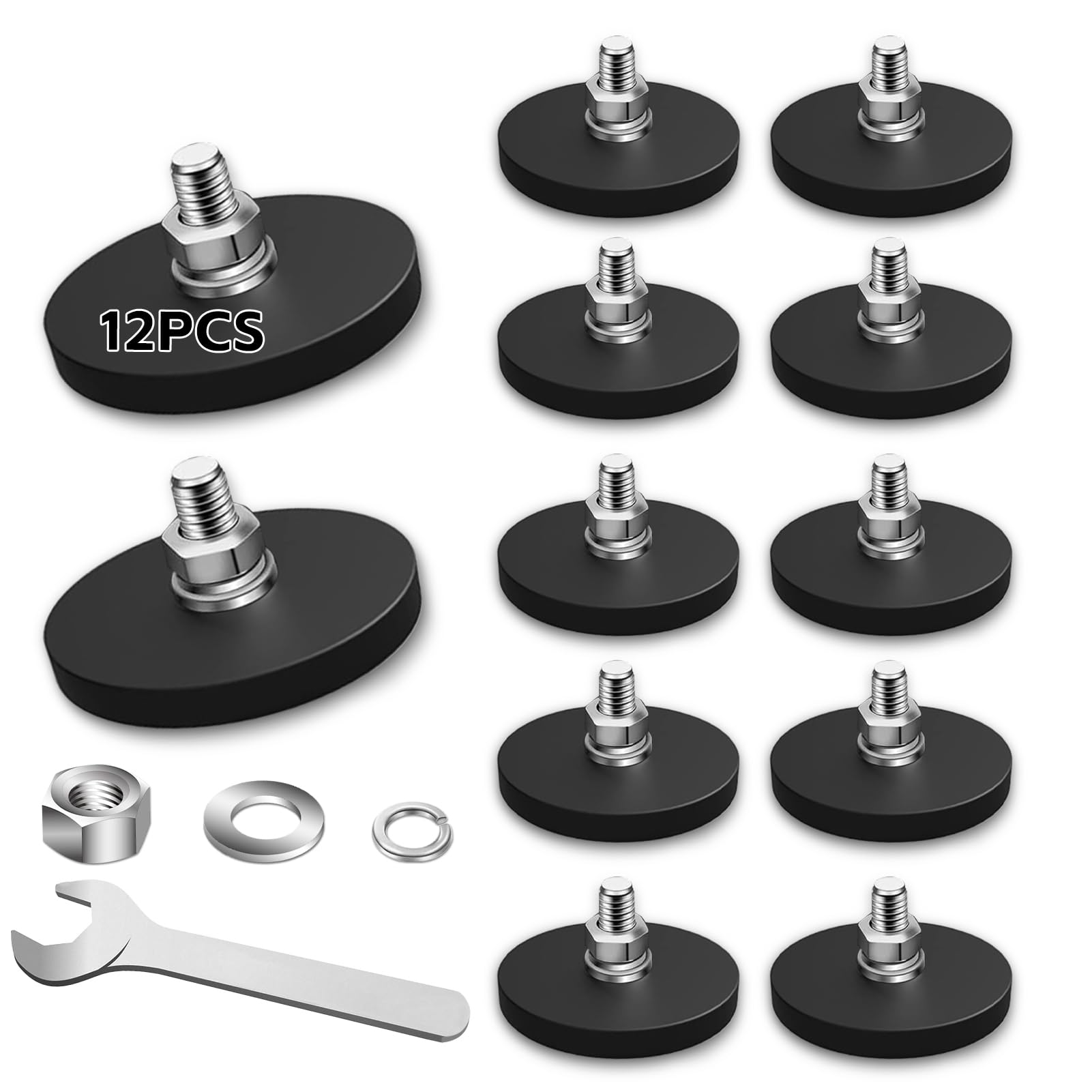 Photo 1 of 12Pack Rubber Coated Magnets, 30LBS Strong Adhesive Power Neodymium Magnet, Anti-Scratch Magnetic Base with M6 Threaded Stud and Wrench, Magnet with Rubber Coating for Outdoor Light Bar, Ptz, Camera